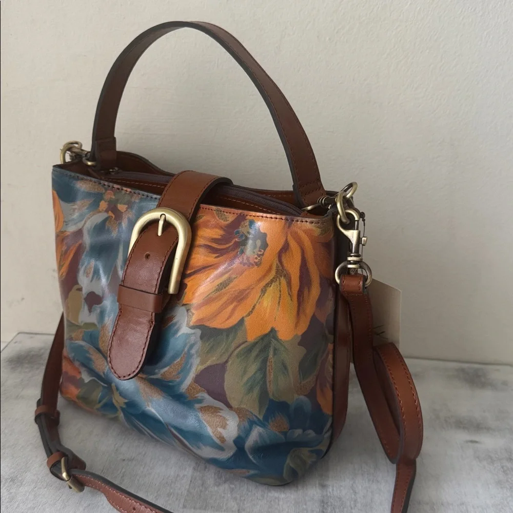 Patricia Nash Irving Bucket Handbag Leather Disstressed  Marigold Harvest Floral